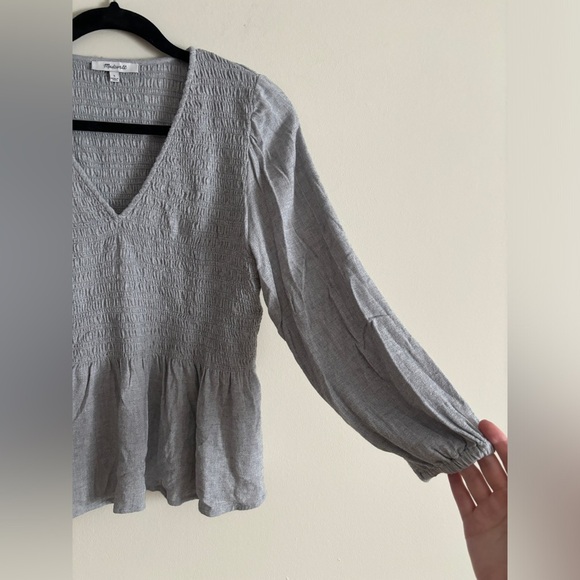Madewell Size Small Lucie V-Neck Smocked Peplum Top‎ Wool Gauze Gray Ruffle Boho - Picture 6 of 7